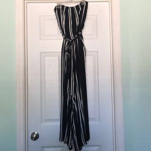 Navy/White striped strapless jumpsuit, cropped leg